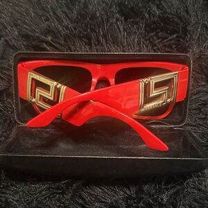 Versace Red Frame Sunglasses with Gold Greek Key Accents unisex.